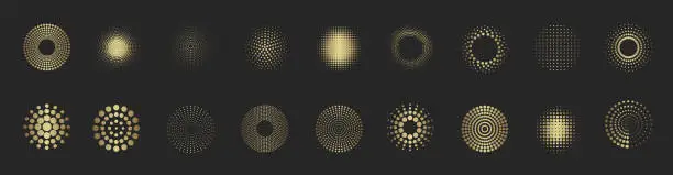 Vector illustration of Abstract circles with dots texture. Gold spotted spray or brush. Golden round dotted frames set isolated on black background. Vector design element