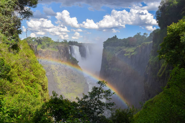 Victoria Falls,  Mosi-Oa-Tunya waterfall, Zimbabwe Victoria Falls,  aka Mosi-Oa-Tunya waterfall, view from the Zimbabwe side with a rainbow. lake kariba stock pictures, royalty-free photos & images
