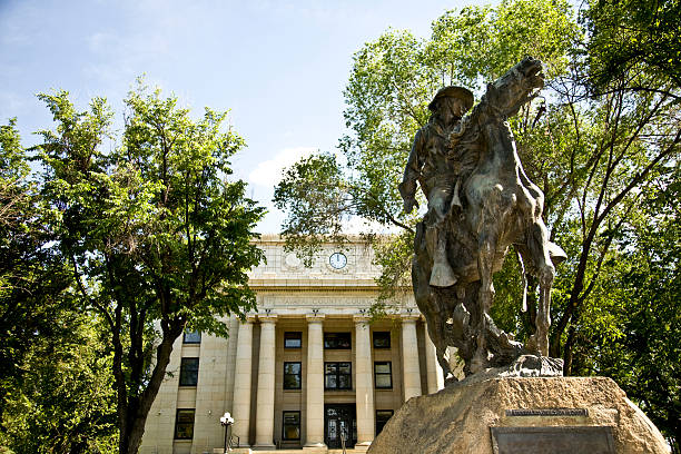 Statue of horseman in front of Yavapai County Courthouse stock photo