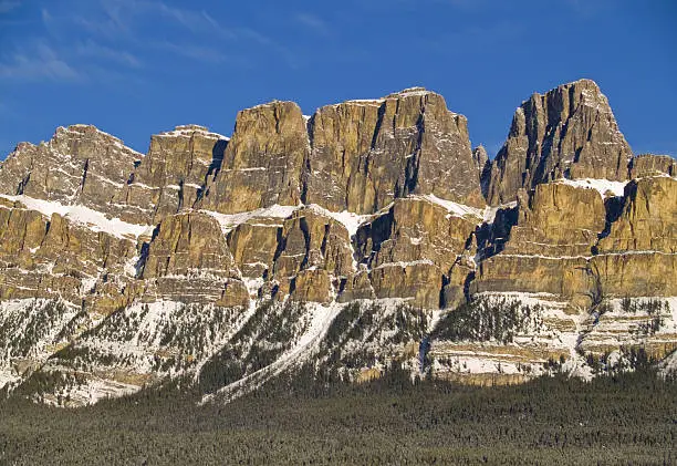 Photo of Castle Mountain in dramatic winter light.