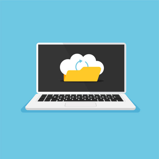 illustrazioni stock, clip art, cartoni animati e icone di tendenza di caricamento e trasferimento di file su laptop o cloud storage. - file sharing exchanging book