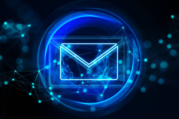 istock Mail, letter and communication concept with digital blue envelope symbol in bright glowing circle on abstract dark blurred background. 3D rendering 1470801921