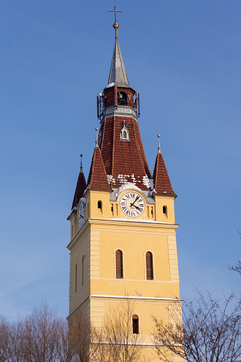 Lutheran church tower in Cristian village near Brasov city, Romania