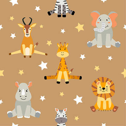 Seamless pattern with cute wild animals for children. African adorable animals in a flat style. Lion, zebra, rhinoceros, elephant, antelope and giraffe.Web, wrapping paper, textile, background. Cartoon vector characters.