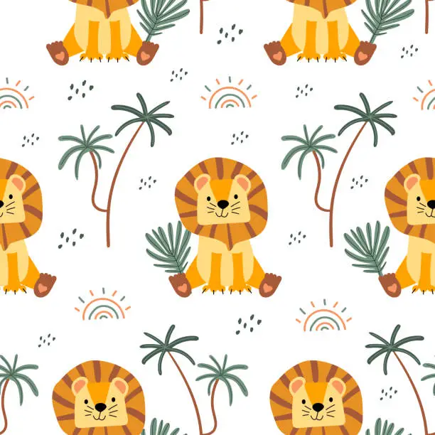 Vector illustration of Seamless pattern with cute lion, palm trees and rainbow. African charming animal and plant in a flat style. Suitable for the design of children's textiles, wrapping paper, background.