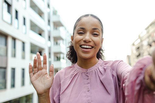 Businesswoman talking via video call