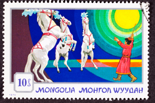 Canceled Mongolian Postage Stamp Standing Rearing Horses Performing, Circus Trainer - See lightbox for more