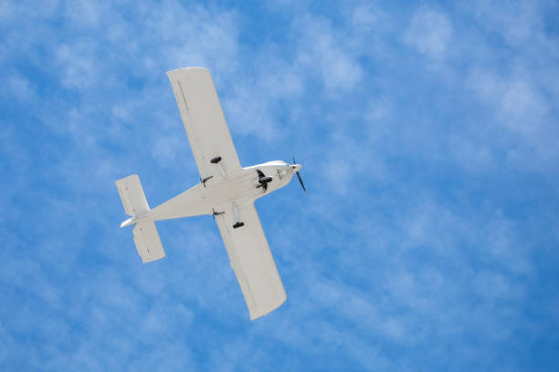istock Ground view of a small plane flying in Turkey 1470810599