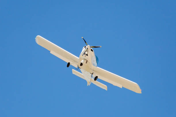 istock Ground view of a small plane flying in Turkey 1470810600