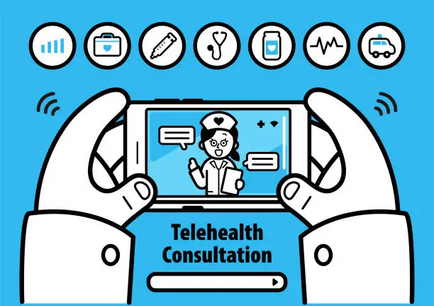Vector illustration of Having a Telemedicine or Telehealth Consultation with a healthcare provider by smartphone or video call