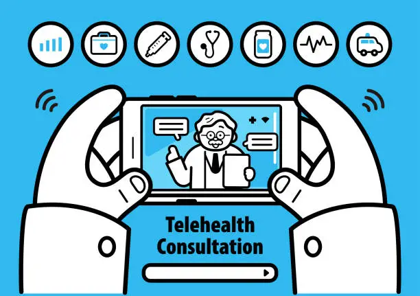 Vector illustration of Having a Telemedicine or Telehealth Consultation with a healthcare provider by smartphone or video call