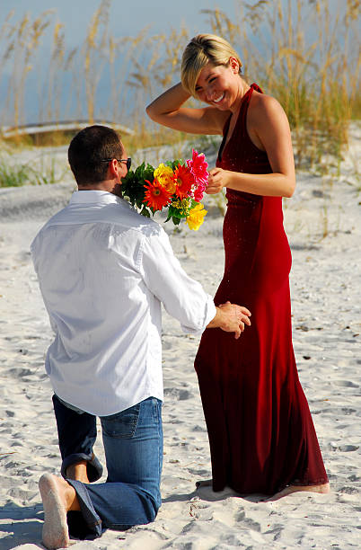 istock Man offering woman flowers 147081141