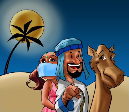 A odalisque and a sheik at the desert with a camel