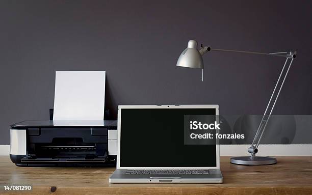 Frontal Home Office Desk Stock Photo - Download Image Now - Computer Printer, Laptop, Working At Home