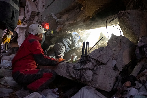 Hatay, Turkey February 8, 2023
There was a very big earthquake. Rescuers are working. They found a person under the rubble and are rescuing him. This is a big field. Everywhere was destroyed. It's a very dangerous area. But they are doing their job.