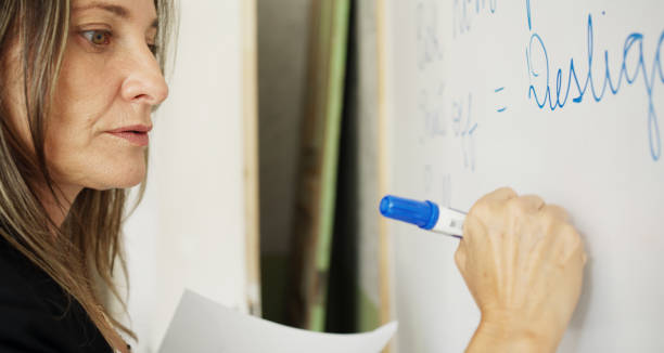 istock Female language teacher writing a lesson on a whiteboard 1470814858