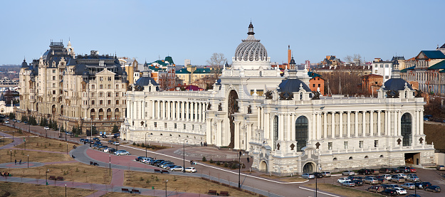 The majestic Palace of Farmers and luxury residential buildings. Kazan city, Tatarstan, Russia.