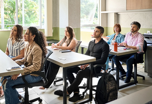Group of multiracial adult students sitting at desks in further education classroom