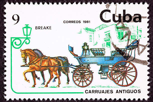 istock Canceled Cuban Postage Stamp Horse Team Pulling Break, Brake Carriage 147081858
