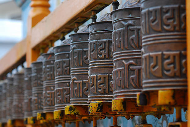istock Tibetan Buddhism prayer wheels in a row 147081885