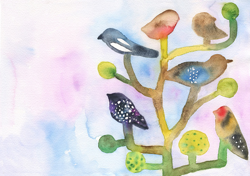 Watercolour painting of birds.  A tree in spring season.
