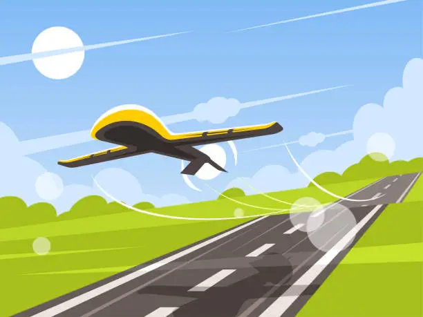 Vector illustration of UAV takes off from the runway