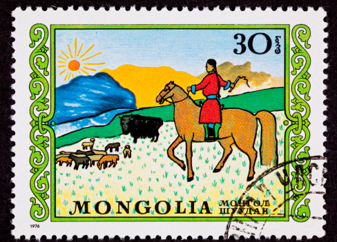 Canceled Mongolian Postage Stamp Horseback Woman Herding Sheep Yak Steppe, from a child art series  - See lightbox for more
