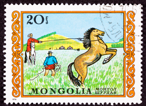 Canceled Mongolian Postage Stamp Men Capturing Lassoing Wild Horse Grassland - See lightbox for more