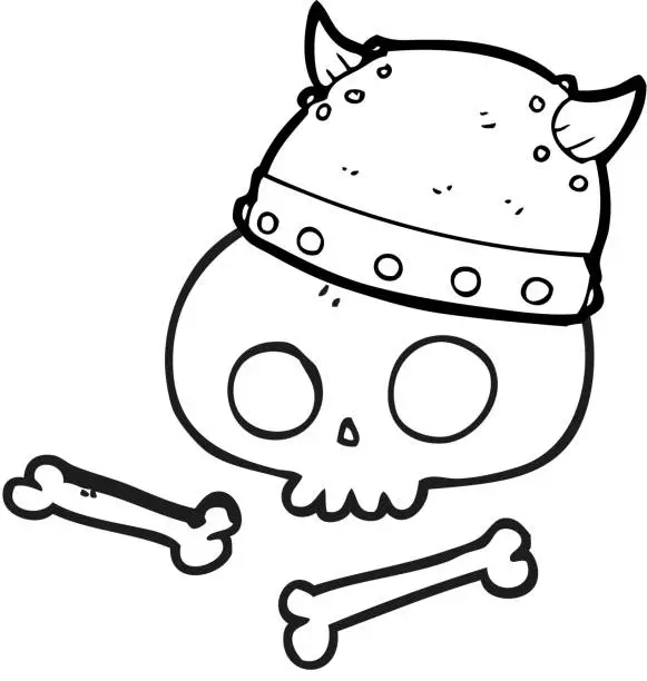 Vector illustration of freehand drawn black and white cartoon viking helmet on skull