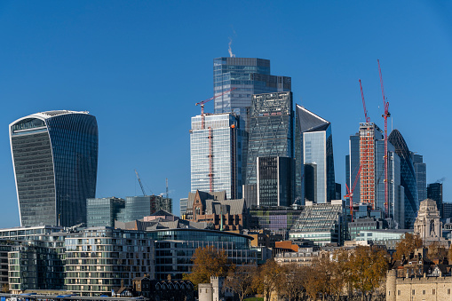 Modern skyscrapers in central London on a beautiful sunny day.