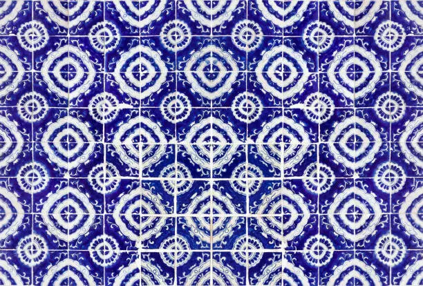 Photo of traditional mexican talavera wall, handmade blue ceramic tiles, hispanic adornments