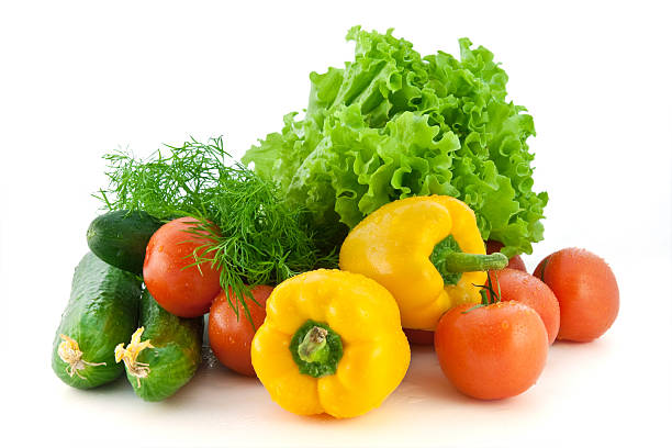 istock Fresh vegetables for salad on a white background 147083448