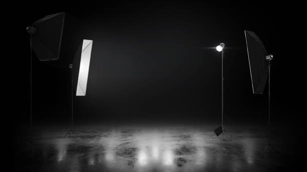 istock Professional photo studio equipment isolated on dark background. Realistic spotlight on ice. Photo studio and stage light 1470835972