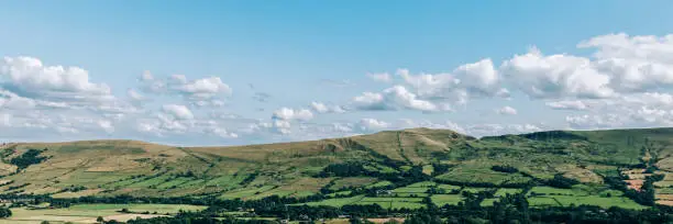Beautiful field view on Edale village and Mam Tor at Peak District National Park, England, UK. Staycation concept of traveling local, banner size