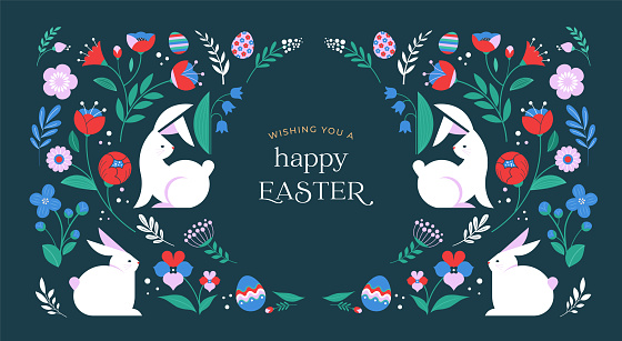 Happy Easter, decorated geometric style Easter card, banner. Bunnies, Easter eggs, flowers and basket. Modern minimalist vector design