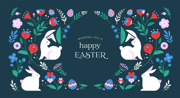 Happy Easter, decorated geometric style Easter card, banner. Bunnies, Easter eggs, flowers and basket. Modern minimalist design Happy Easter, decorated geometric style Easter card, banner. Bunnies, Easter eggs, flowers and basket. Modern minimalist vector design easter stock illustrations