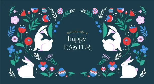 Vector illustration of Happy Easter, decorated geometric style Easter card, banner. Bunnies, Easter eggs, flowers and basket. Modern minimalist design