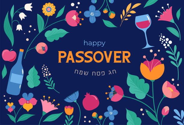 ilustrações de stock, clip art, desenhos animados e ícones de jewish holiday passover, pesach. greeting card, banner with traditional icons. springtime concept design. happy passover in hebrew. - passover seder wine matzo