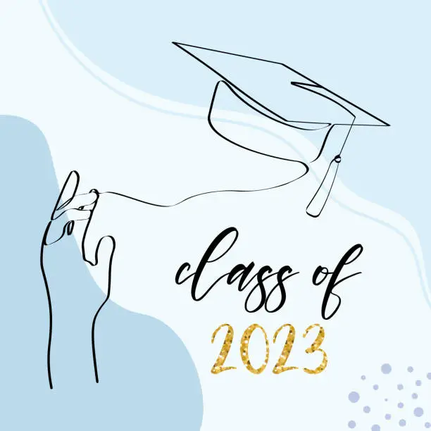 Vector illustration of Class of 2023. One line art with student tossing up his graduation cap. Trendy one line draw design graphic vector illustration.