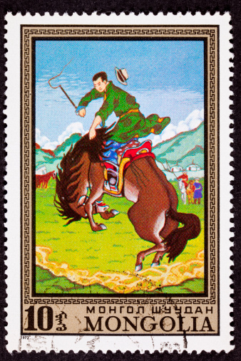 Canceled Mongolian Postage Stamp Bucking Bronco Man Breaking Wild Horse - See lightbox for more