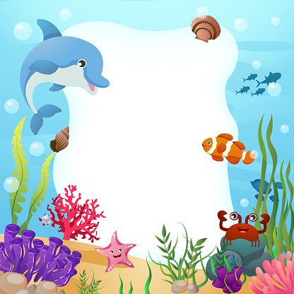 Sea life animals with ocean scene and rectangular copy space . Cartoon style . Vector .