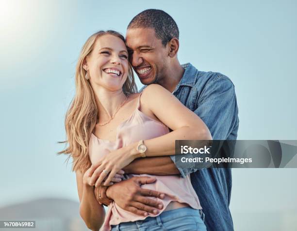 Love Diversity And Couple Hug On Vacation Holiday Or Summer Trip Romantic Relax Smile And Happy Man And Woman Hugging Embrace Or Cuddle Having Fun And Enjoying Quality Time Together Outdoors Stock Photo - Download Image Now