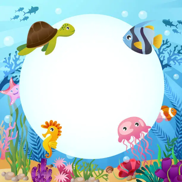 Vector illustration of Sea life animals with ocean scene and circular copy space . Cartoon style . Vector .