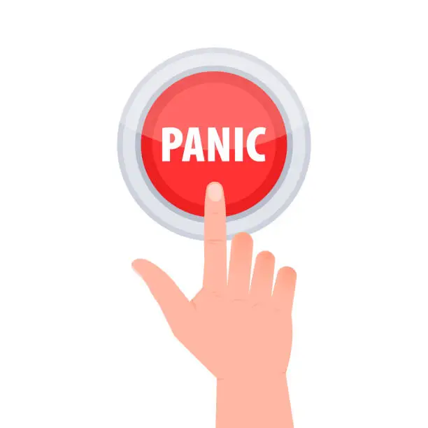 Vector illustration of Red button with help text Panic. Hand pressing panic button