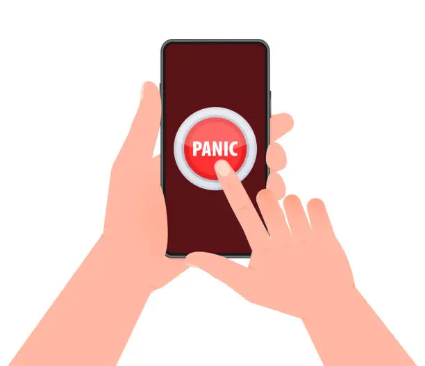 Vector illustration of Red button with help text Panic. Hand pressing panic button on smartphone screen