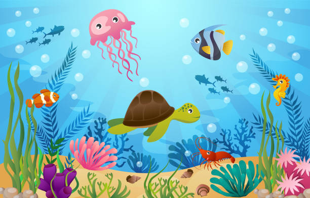 illustrazioni stock, clip art, cartoni animati e icone di tendenza di animali della vita marina con scena dell'oceano. stile cartone animato . vettore. - water plant coral sea jellyfish