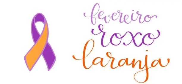 Vector illustration of Purple and Orange February in portuguese Fevereiro Roxo e Laranja, Brazil campaign for fibromyalgia, lupus, alzheimers and leukemia awareness banner. Handwritten calligraphy lettering