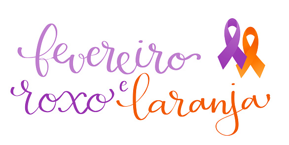 Purple and Orange February in portuguese Fevereiro Roxo e Laranja, Brazil campaign for fibromyalgia, lupus, alzheimers and leukemia awareness banner. Handwritten calligraphy lettering vector