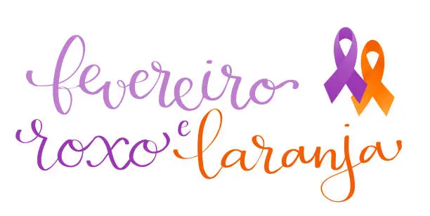 Vector illustration of Purple and Orange February in portuguese Fevereiro Roxo e Laranja, Brazil campaign for fibromyalgia, lupus, alzheimers and leukemia awareness banner. Handwritten calligraphy lettering