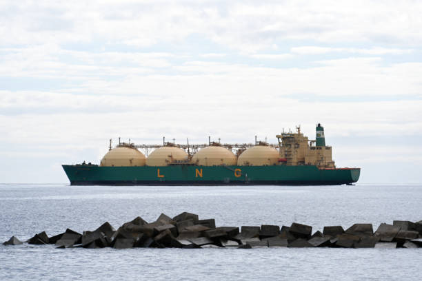 An LNG tanker used to transport liquefied natural gas in the port of Santa Cruz de Tenerife Santa Cruz de Tenerife, Canary Islands, Spain, Feb. 8, 2023 - An LNG tanker used to transport liquefied natural gas in the port of Santa Cruz de Tenerife. liquefied natural gas stock pictures, royalty-free photos & images